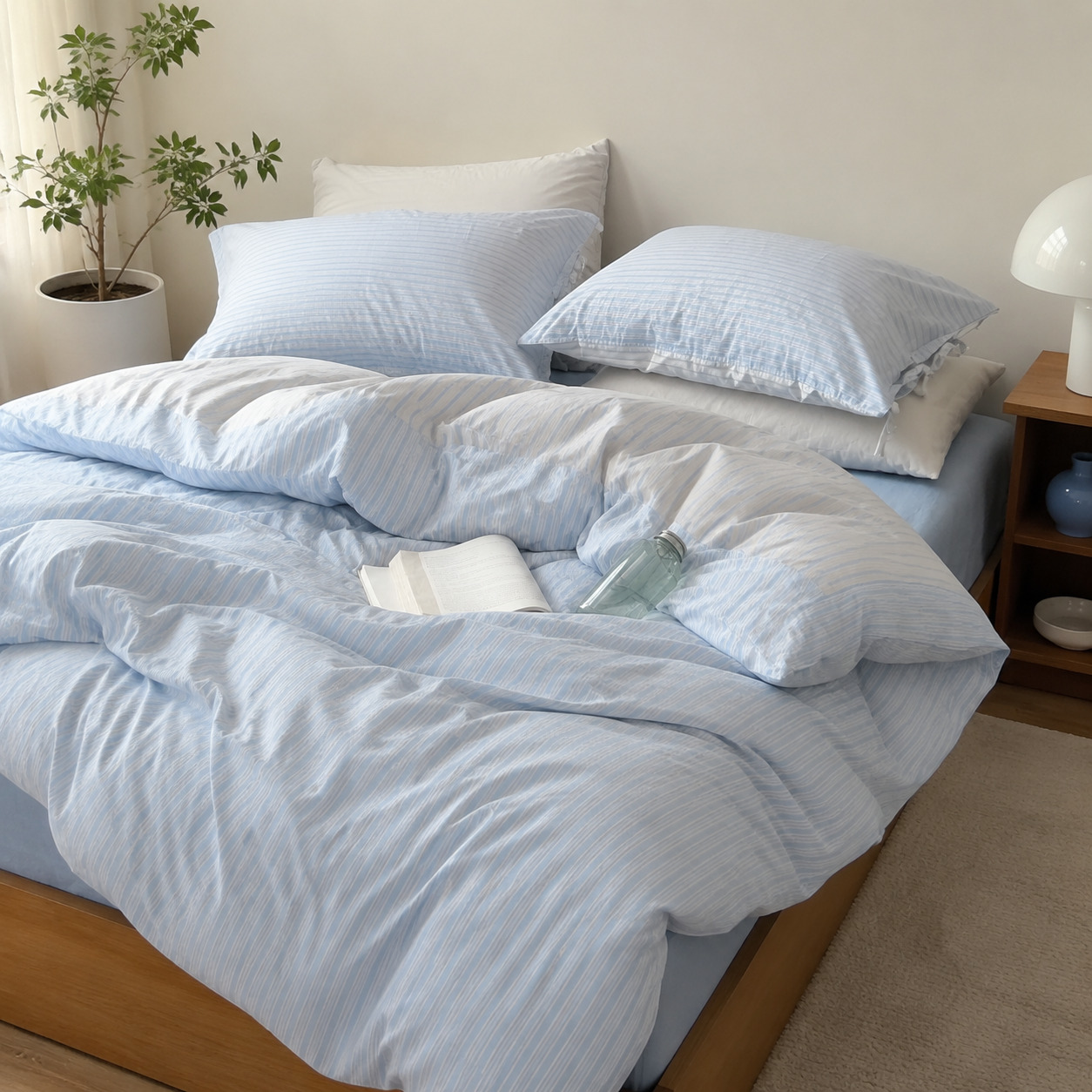 Blue and white striped washed cotton bedding set in a bright bedroom