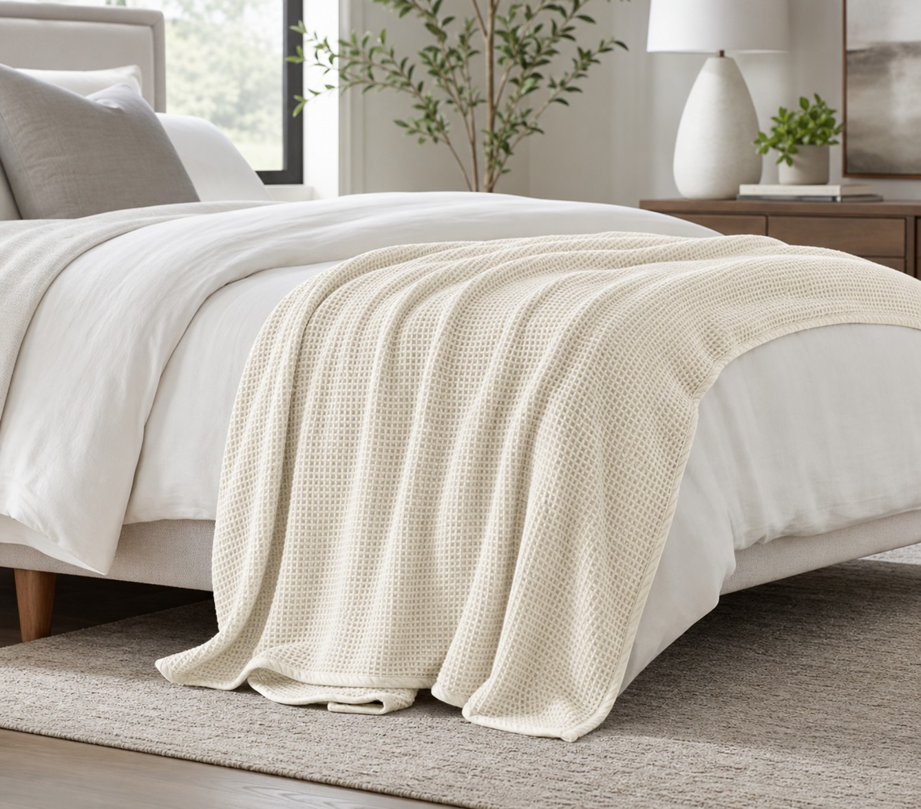 Waffle weave cotton blanket khaki-scene-b