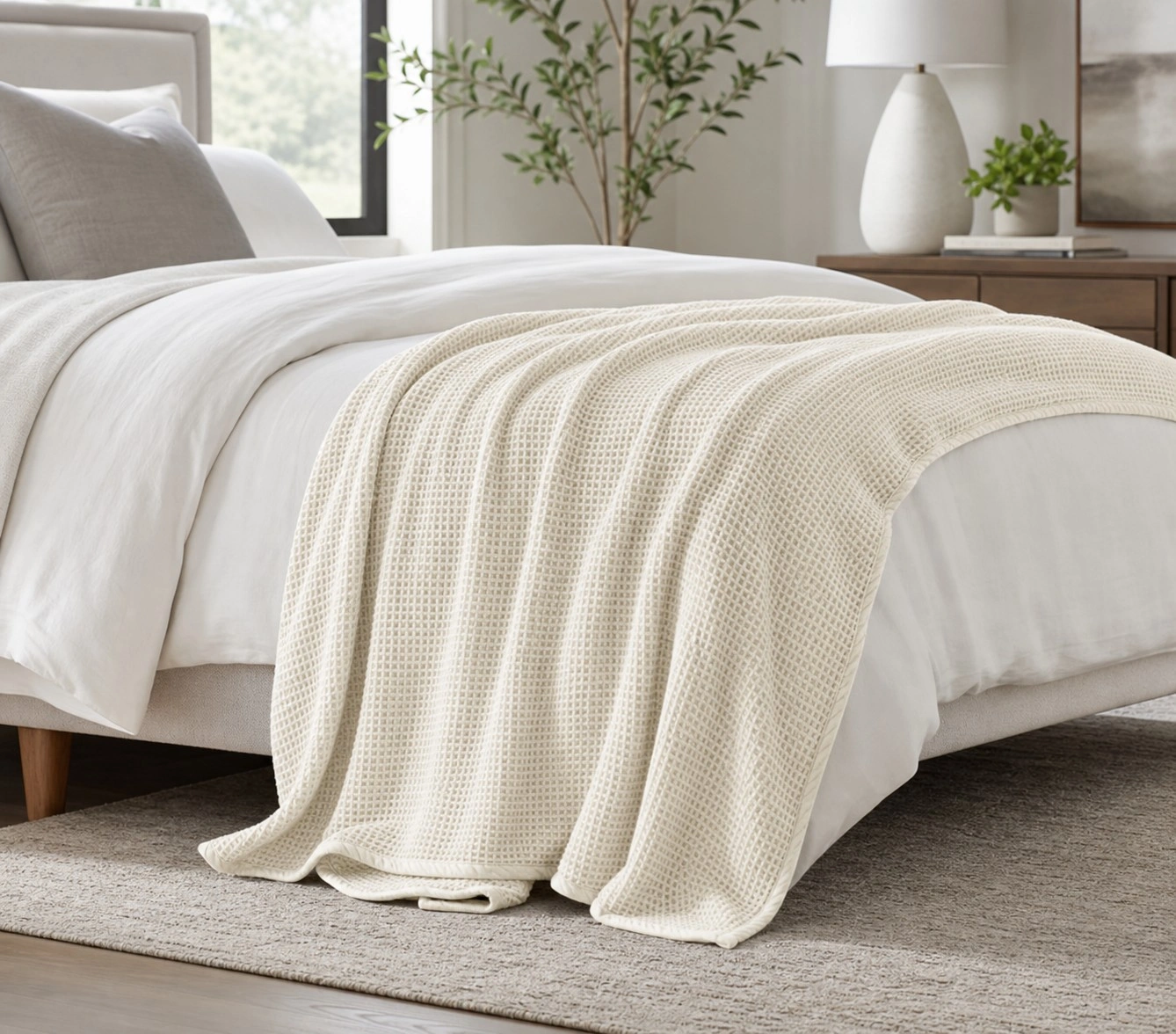 Waffle weave cotton blanket khaki-scene-b